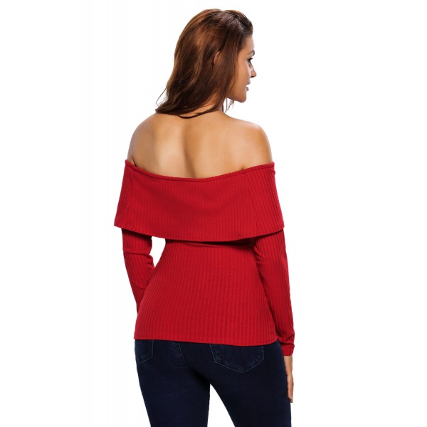 Wine Knit Off Shoulder Ribbed Long Sleeves Top