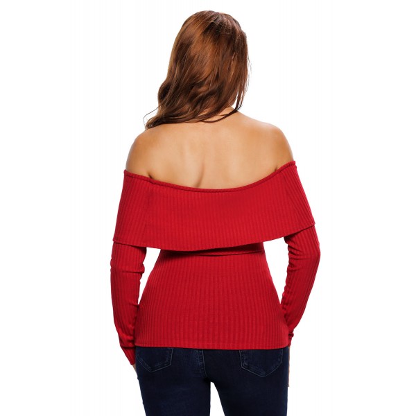 Wine Knit Off Shoulder Ribbed Long Sleeves Top