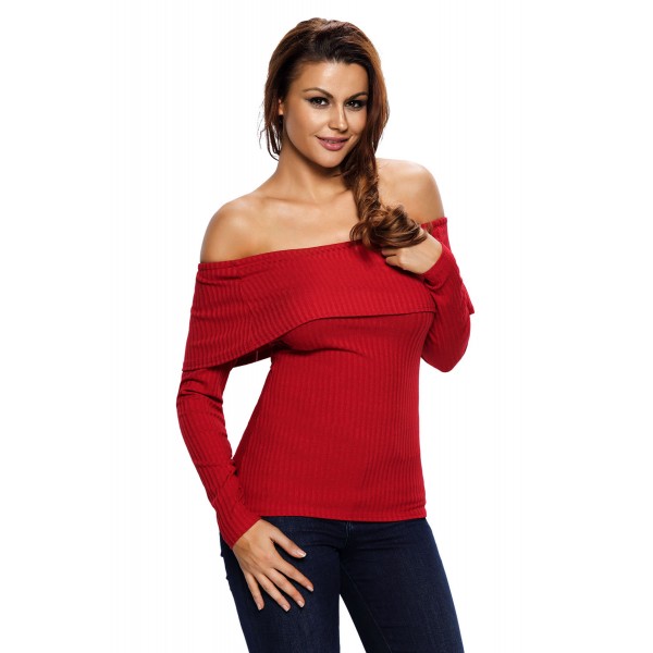 Wine Knit Off Shoulder Ribbed Long Sleeves Top