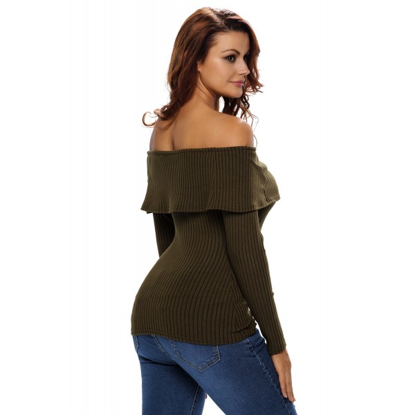 Olive Knit Off Shoulder Ribbed Long Sleeves Top