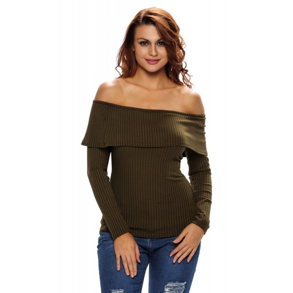 Olive Knit Off Shoulder Ribbed Long Sleeves Top