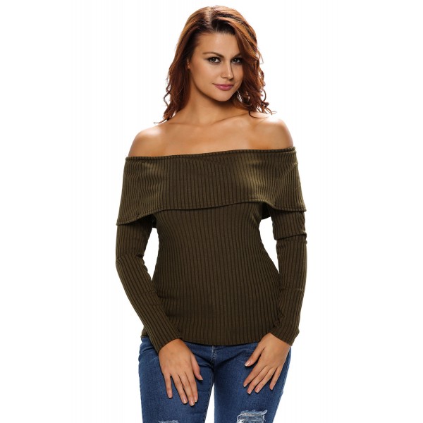 Olive Knit Off Shoulder Ribbed Long Sleeves Top