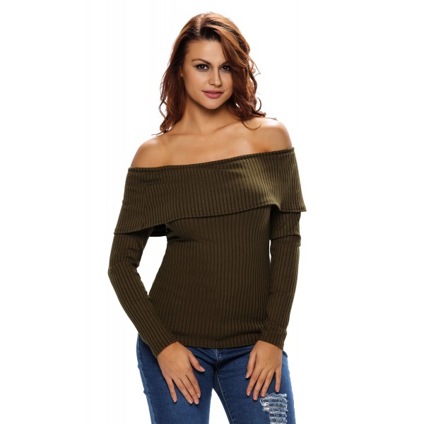 Olive Knit Off Shoulder Ribbed Long Sleeves Top