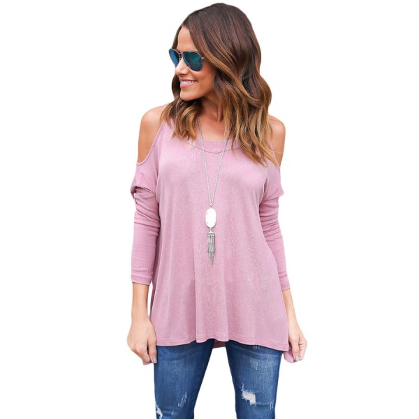 Pink Long Sleeve Relaxed Fit Cold Shoulder Top