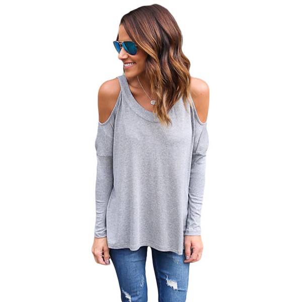 Grey Long Sleeve Relaxed Fit Cold Shoulder Top