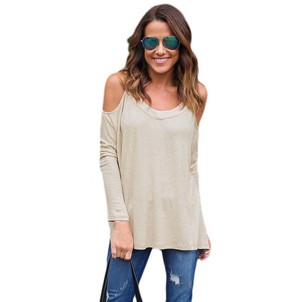 Beige Long Sleeve Relaxed Fit Cold Shoulder Top