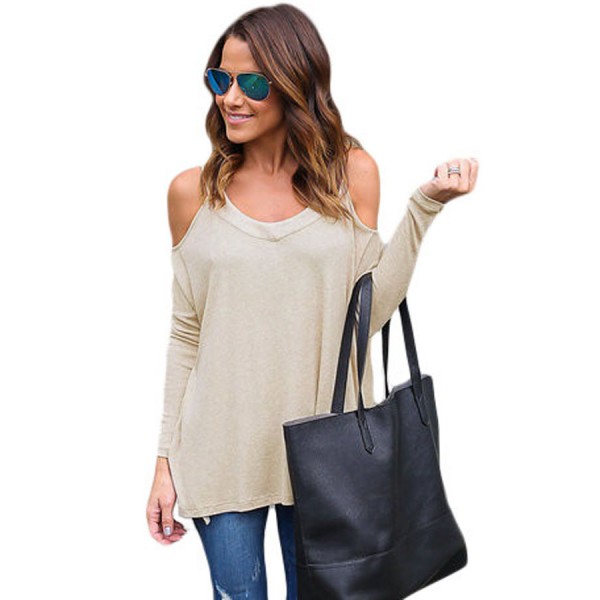 Beige Long Sleeve Relaxed Fit Cold Shoulder Top