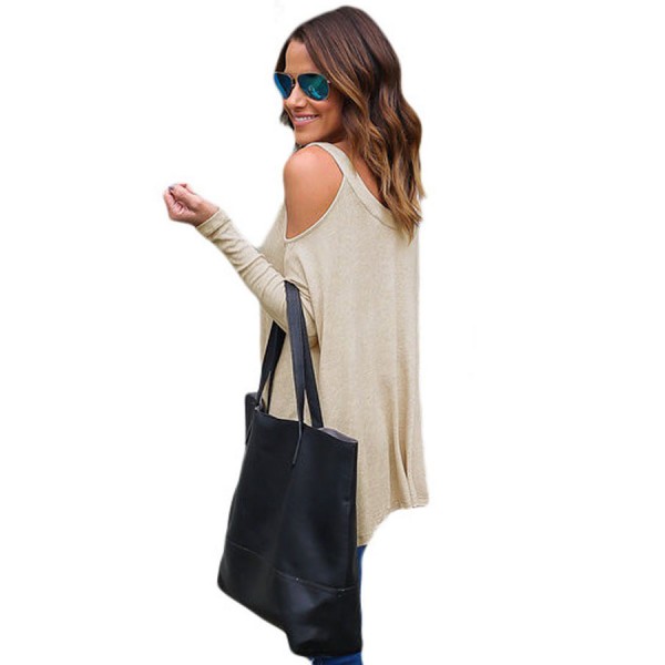 Beige Long Sleeve Relaxed Fit Cold Shoulder Top