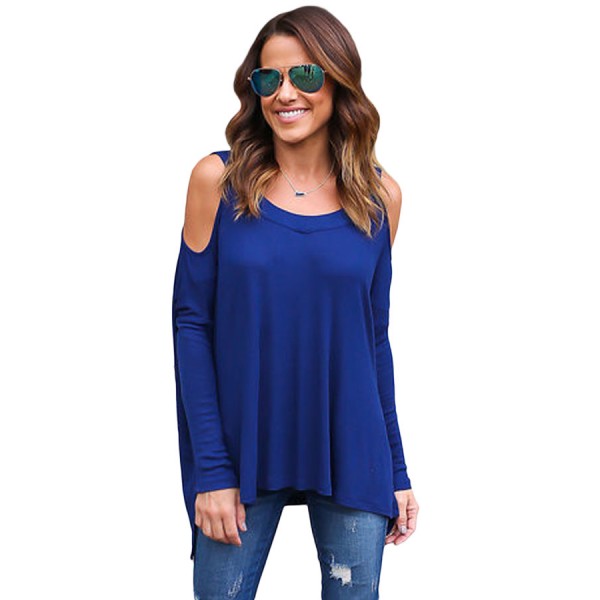 Blue Long Sleeve Relaxed Fit Cold Shoulder Top