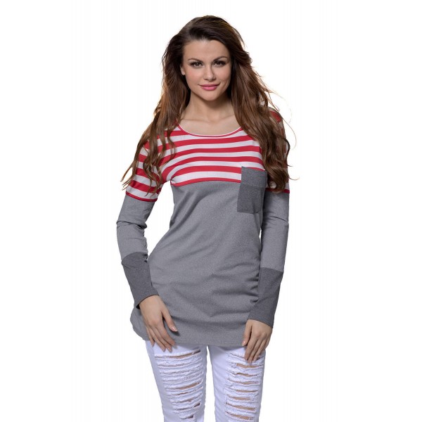 Red White Stripes Color Block Long Sleeve Blouse Top