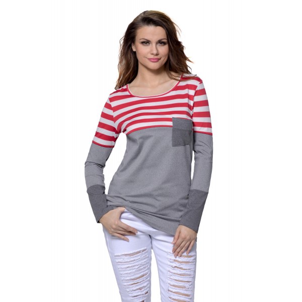 Red White Stripes Color Block Long Sleeve Blouse Top