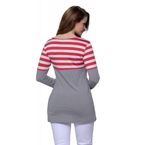 Red White Stripes Color Block Long Sleeve Blouse Top