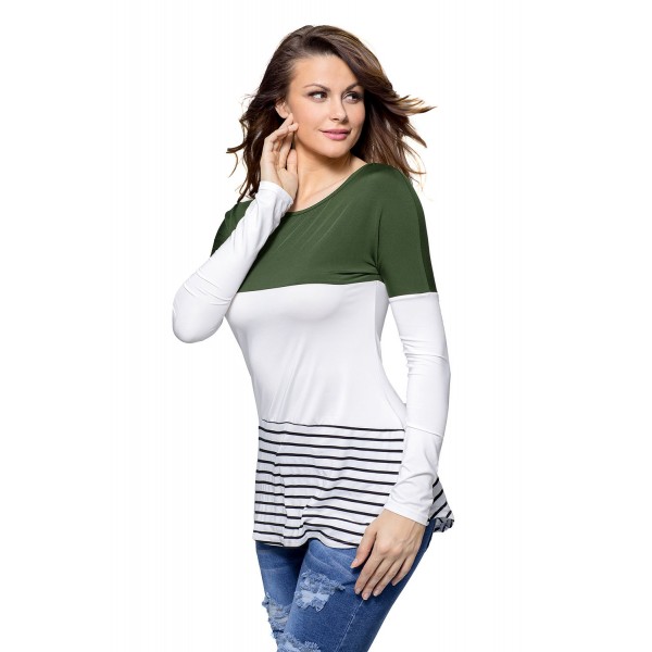 Olive White Color Block Striped Long Sleeve Blouse Top