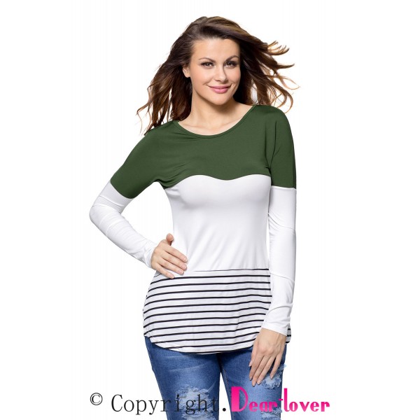 Olive White Color Block Striped Long Sleeve Blouse Top