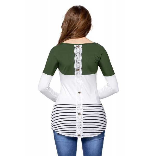 Olive White Color Block Striped Long Sleeve Blouse Top