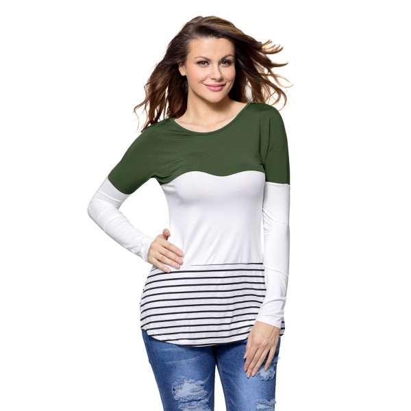 Olive White Color Block Striped Long Sleeve Blouse Top