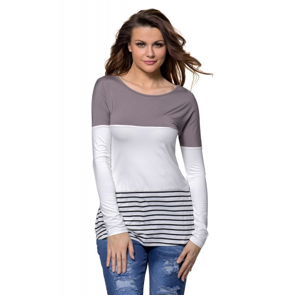 Taupe White Color Block Striped Long Sleeve Blouse Top
