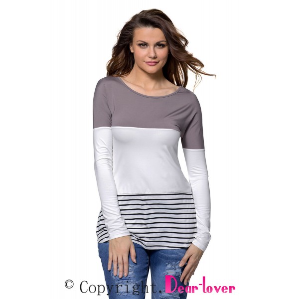Taupe White Color Block Striped Long Sleeve Blouse Top