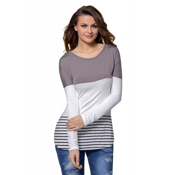 Taupe White Color Block Striped Long Sleeve Blouse Top