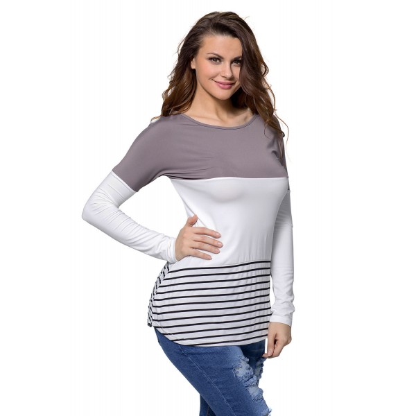 Taupe White Color Block Striped Long Sleeve Blouse Top