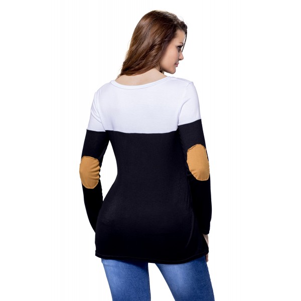 Black White Color Block Patch Insert Long Sleeve Blouse Top