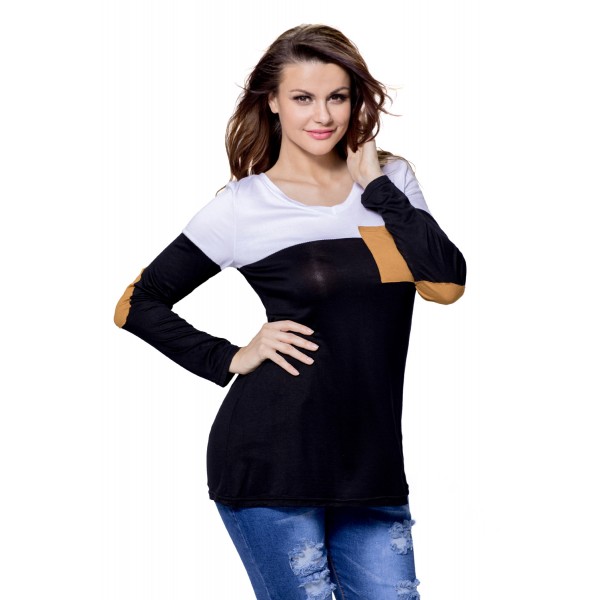 Black White Color Block Patch Insert Long Sleeve Blouse Top