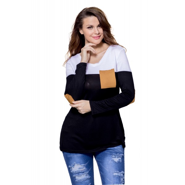 Black White Color Block Patch Insert Long Sleeve Blouse Top