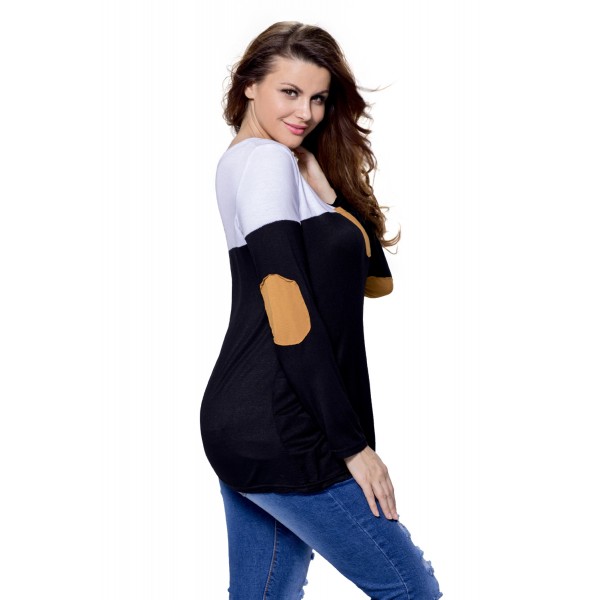 Black White Color Block Patch Insert Long Sleeve Blouse Top