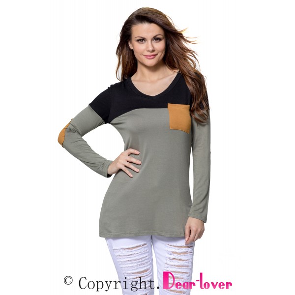 Black Grey Color Block Patch Insert Long Sleeve Blouse Top