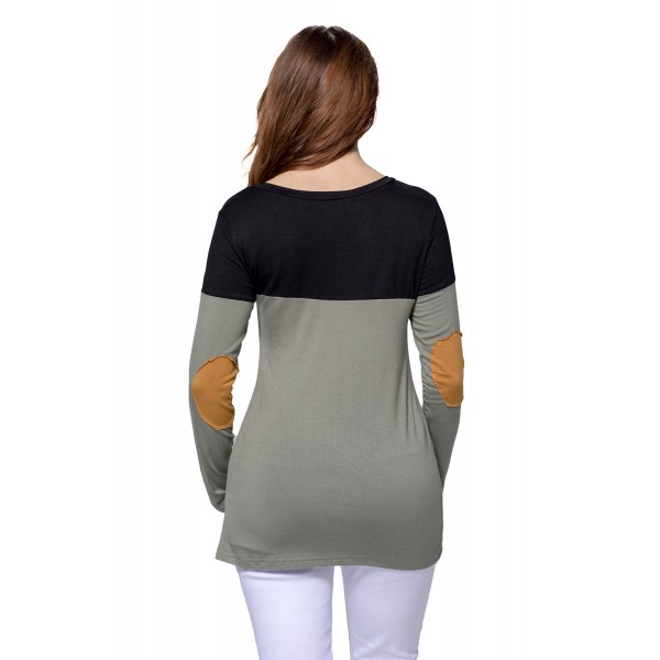 Black Grey Color Block Patch Insert Long Sleeve Blouse Top