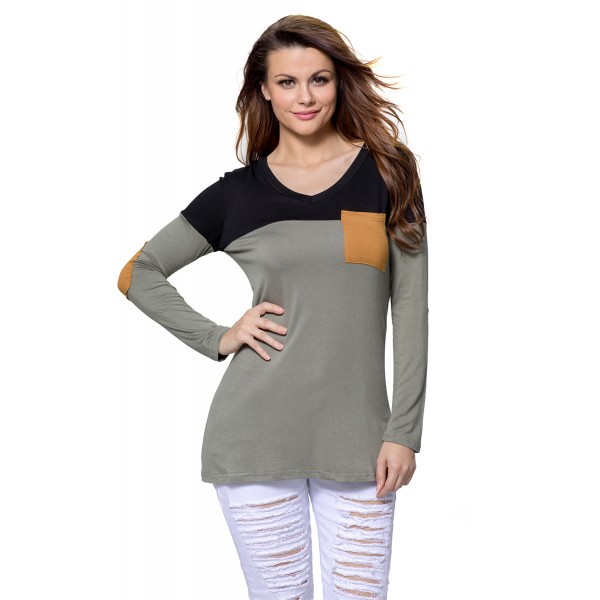 Black Grey Color Block Patch Insert Long Sleeve Blouse Top