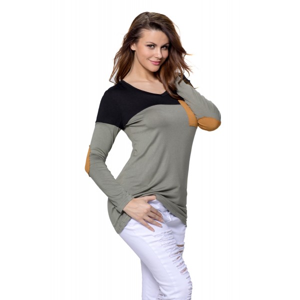 Black Grey Color Block Patch Insert Long Sleeve Blouse Top