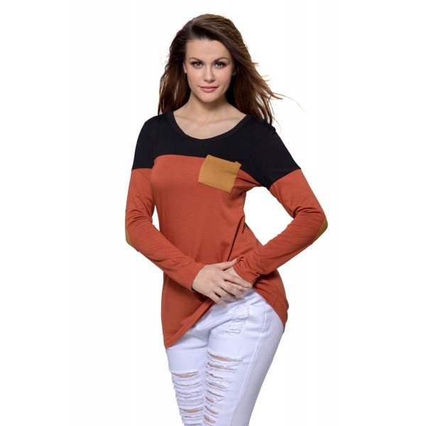 Black Orange Color Block Patch Insert Long Sleeve Blouse Top