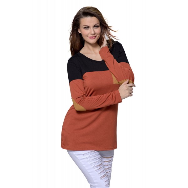 Black Orange Color Block Patch Insert Long Sleeve Blouse Top