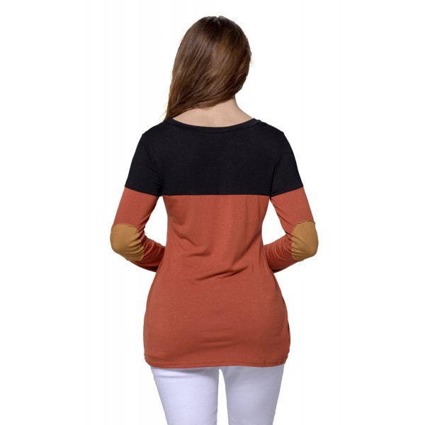Black Orange Color Block Patch Insert Long Sleeve Blouse Top