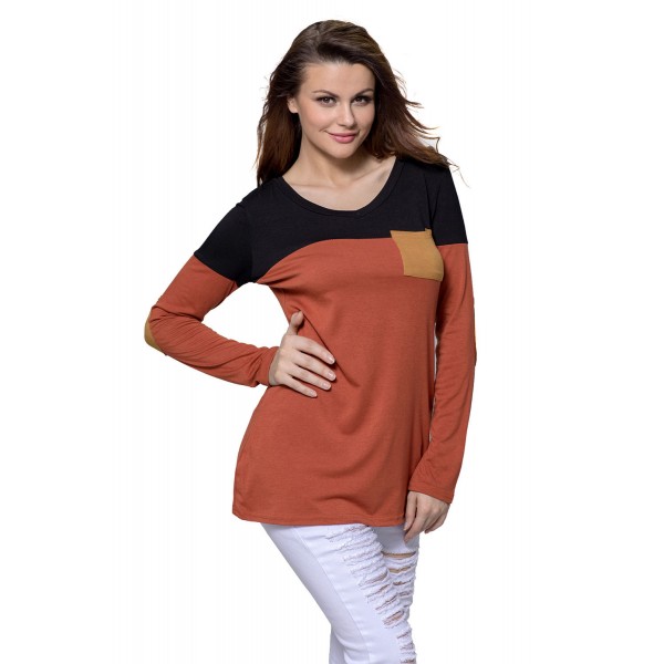 Black Orange Color Block Patch Insert Long Sleeve Blouse Top