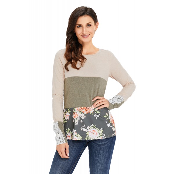 Oatmeal Color Block Floral Patchwork Long Sleeve Blouse Top