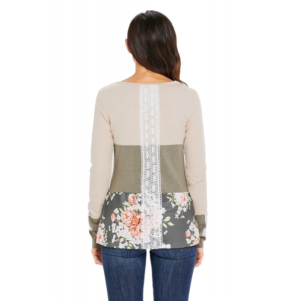 Oatmeal Color Block Floral Patchwork Long Sleeve Blouse Top