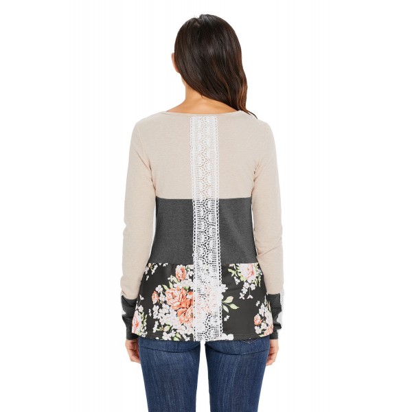 Grey Color Block Floral Patchwork Long Sleeve Blouse Top