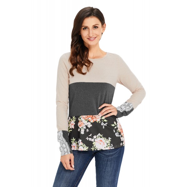 Grey Color Block Floral Patchwork Long Sleeve Blouse Top