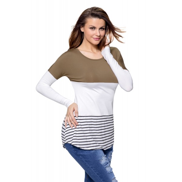 Coffee Color Block Lace Patchwork Long Sleeve Blouse Top