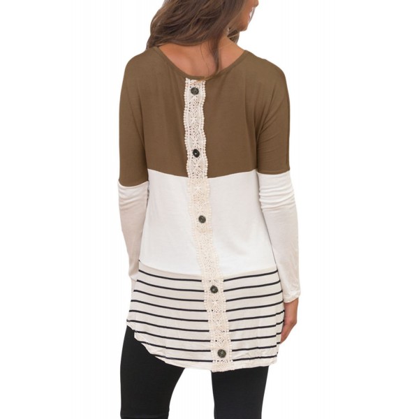 Coffee Color Block Lace Patchwork Long Sleeve Blouse Top