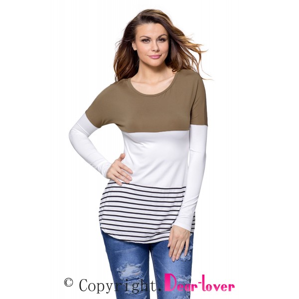 Coffee Color Block Lace Patchwork Long Sleeve Blouse Top