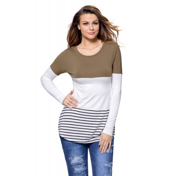 Coffee Color Block Lace Patchwork Long Sleeve Blouse Top
