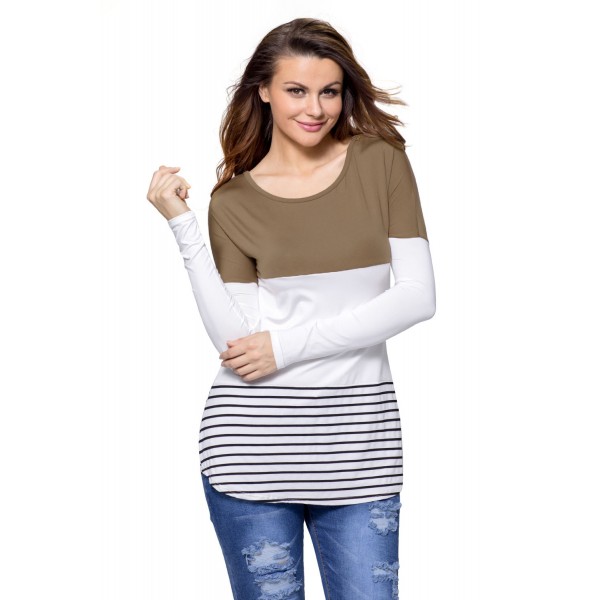 Coffee Color Block Lace Patchwork Long Sleeve Blouse Top