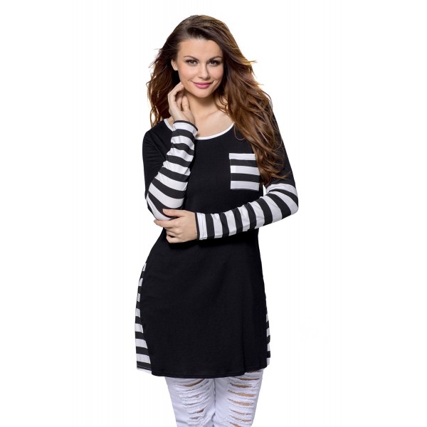 Black Striped Patchwork Insert Long Sleeve Blouse Top