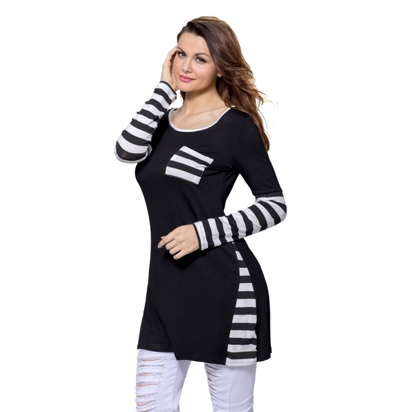 Black Striped Patchwork Insert Long Sleeve Blouse Top