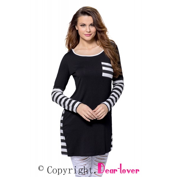 Black Striped Patchwork Insert Long Sleeve Blouse Top