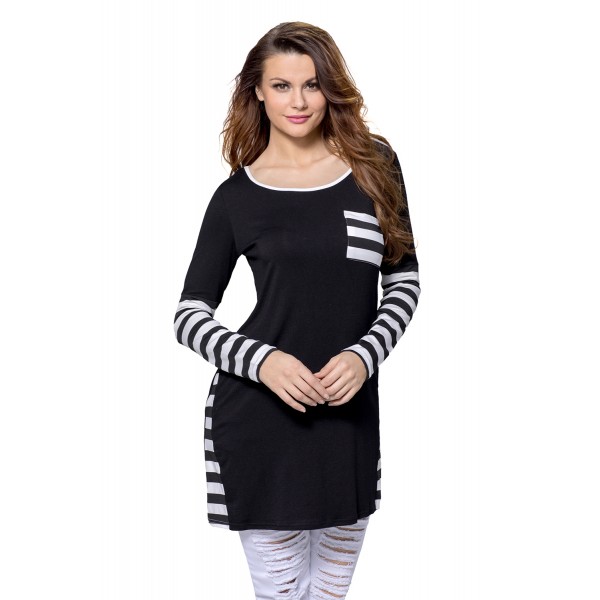 Black Striped Patchwork Insert Long Sleeve Blouse Top