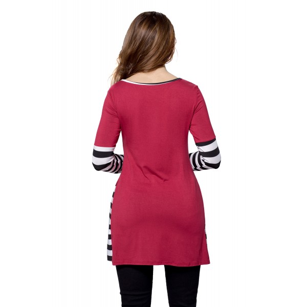Wine Striped Patchwork Insert Long Sleeve Blouse Top